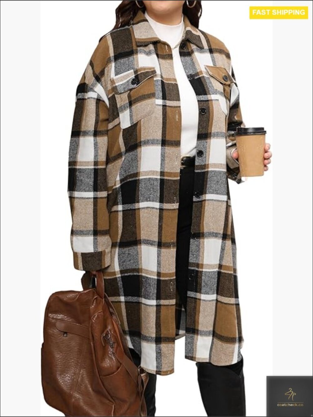 Plus Size Plaid Flannel Shacket Oversized Long Sleeve Button Down Coat Trench